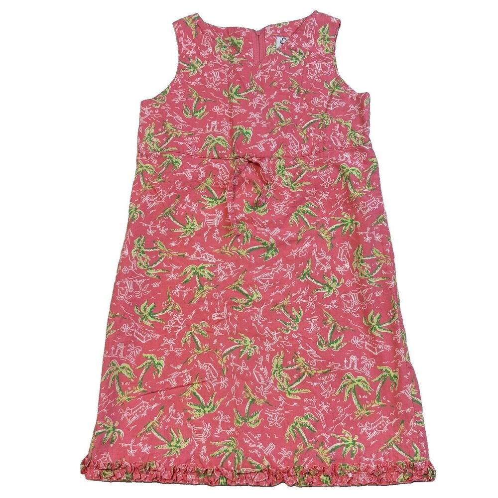 Lilly Pulitzer Girls Size 7 Pink Green Palm Tree Tropical Shift Dress Cotton
